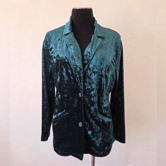 Emerald Green Velvet Blazer Jacket Jewel Tone Party Holiday Disco Christmas L - Picture 1 of 11